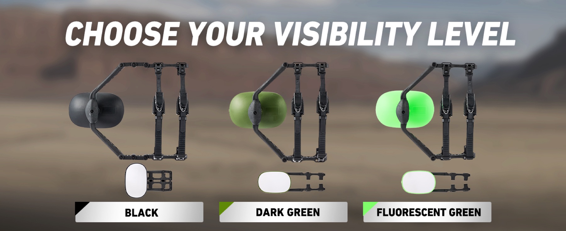 MG91 towing mirror in black, dark green, and fluorescent green